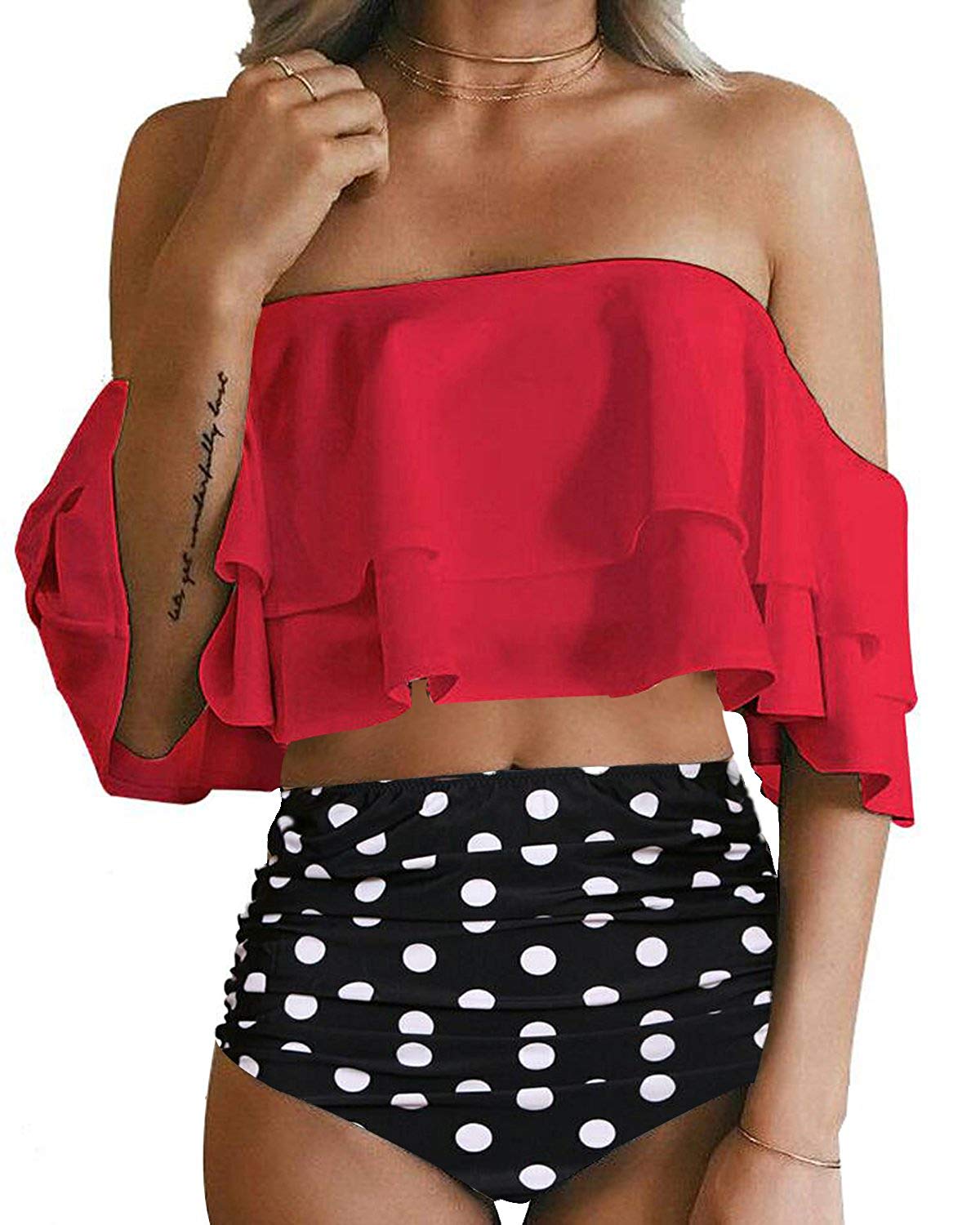Women Two Piece Swimsuit Off Shoulder Ruffled Flounce C Red Size 8 0