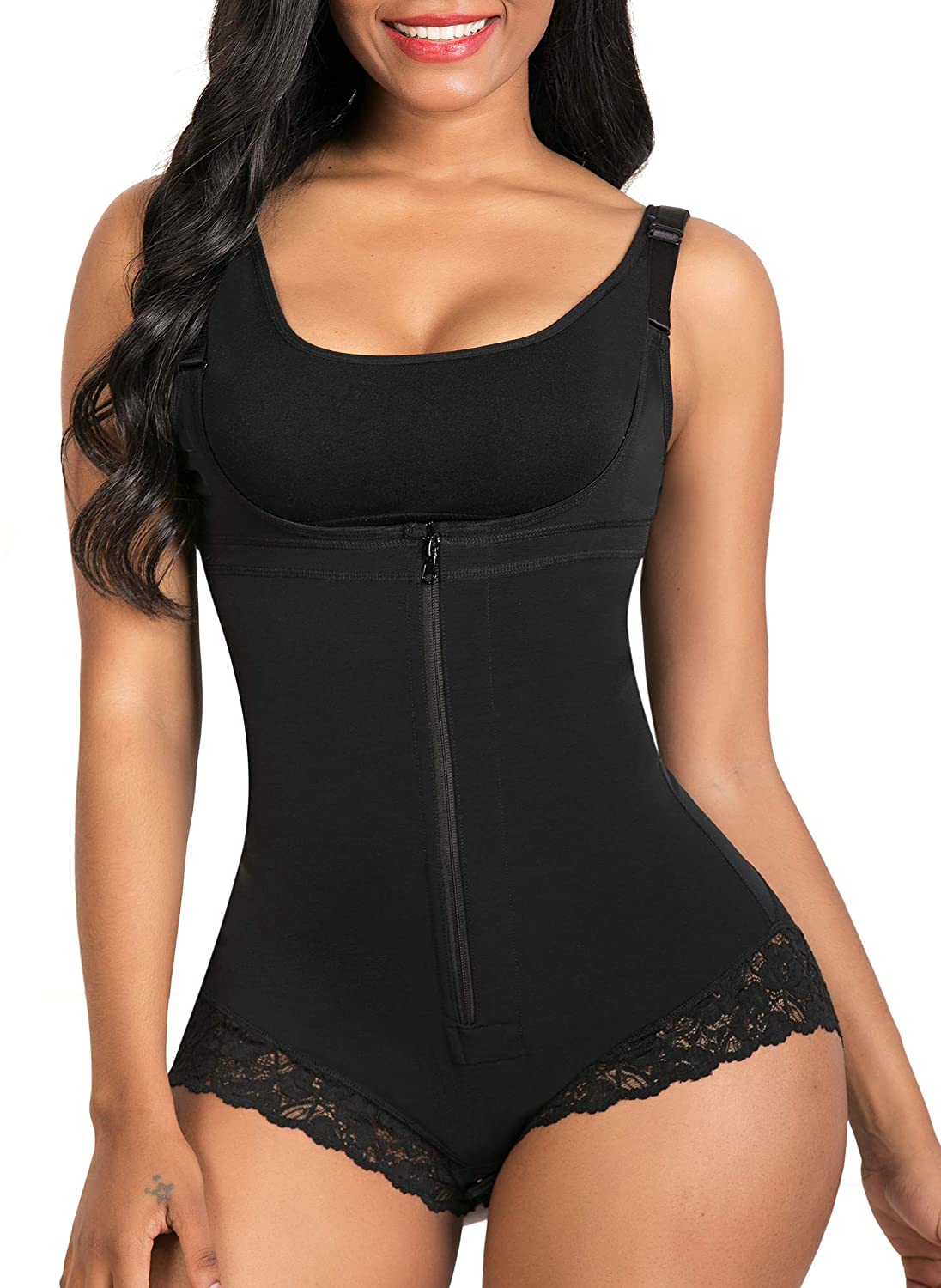 black SHAPERX Shapewear for Women Tummy Control Fajas Colombianas Body Shaper Zipper Open Bust Bodysuit Large