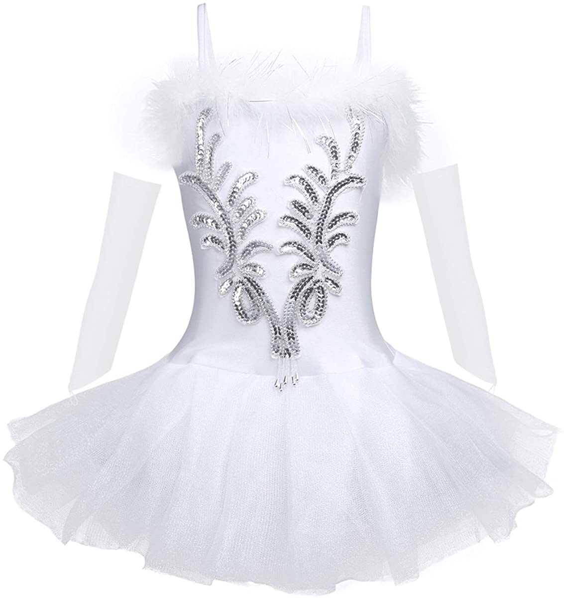 Agoky Girls Ballerina Swan Outfit Sequins Faux Fur Ballet Dance Tutu Dress with Fingerless Gloves and Hair Clip Set