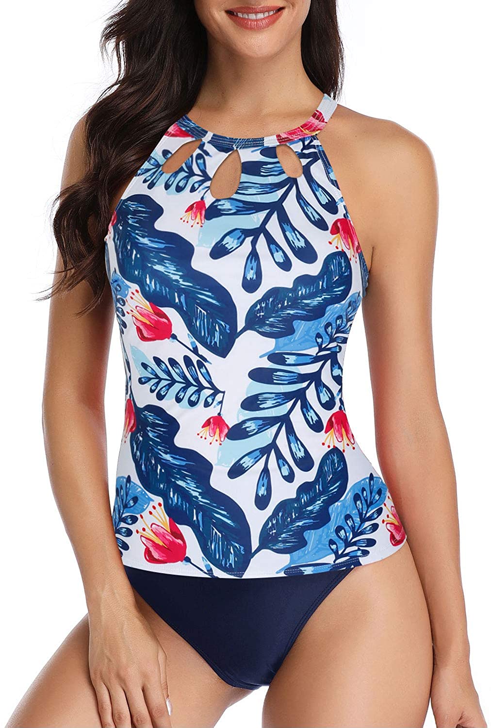 Yonique Womens 2 Piece Tankini Swimsuit Halter Floral Bathing Suit High Neck Keyhole Swimwear
