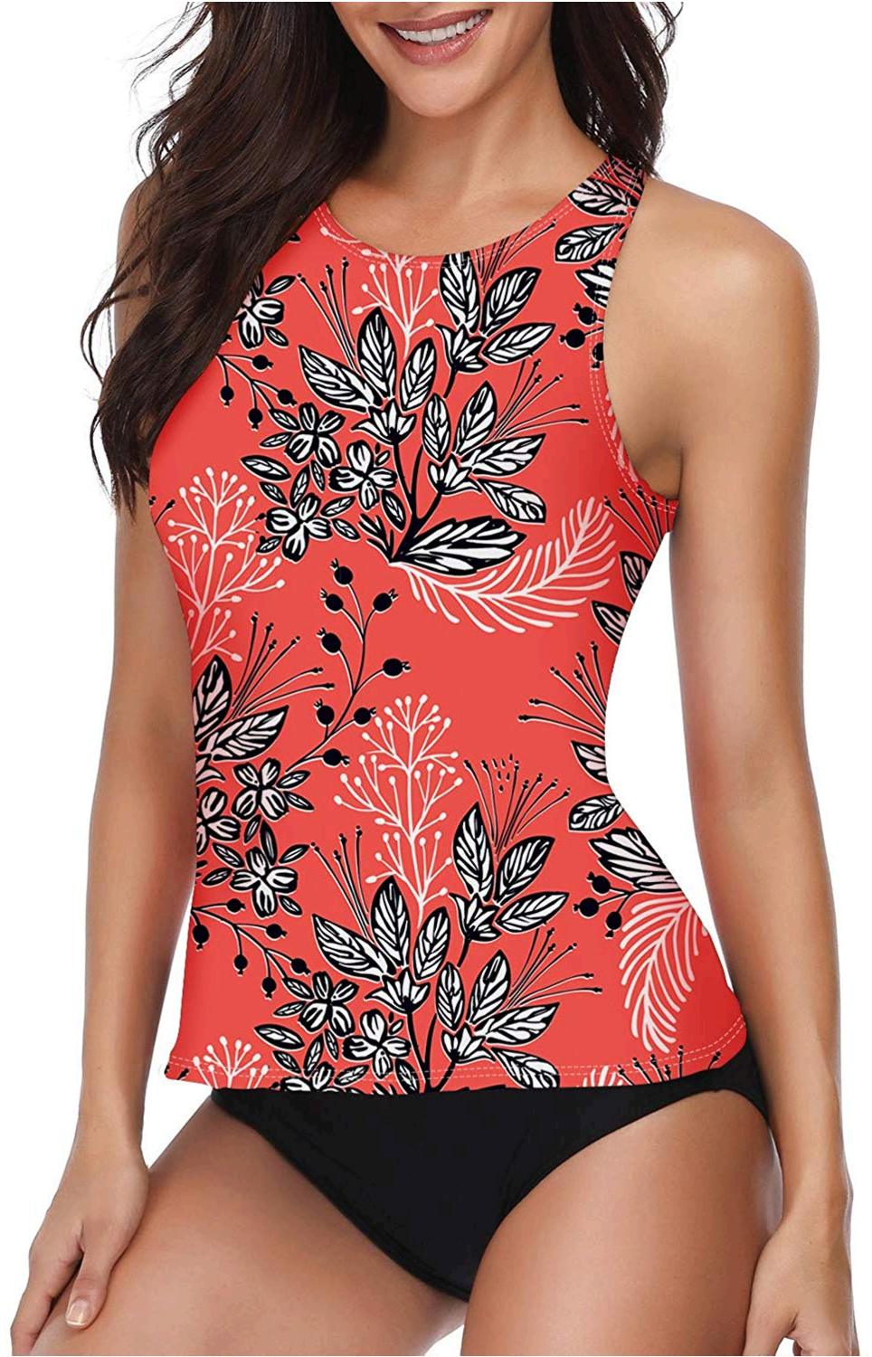 Women Two Piece Swimsuit High Neck Halter Floral Printed, Red, Size 4.0 ...