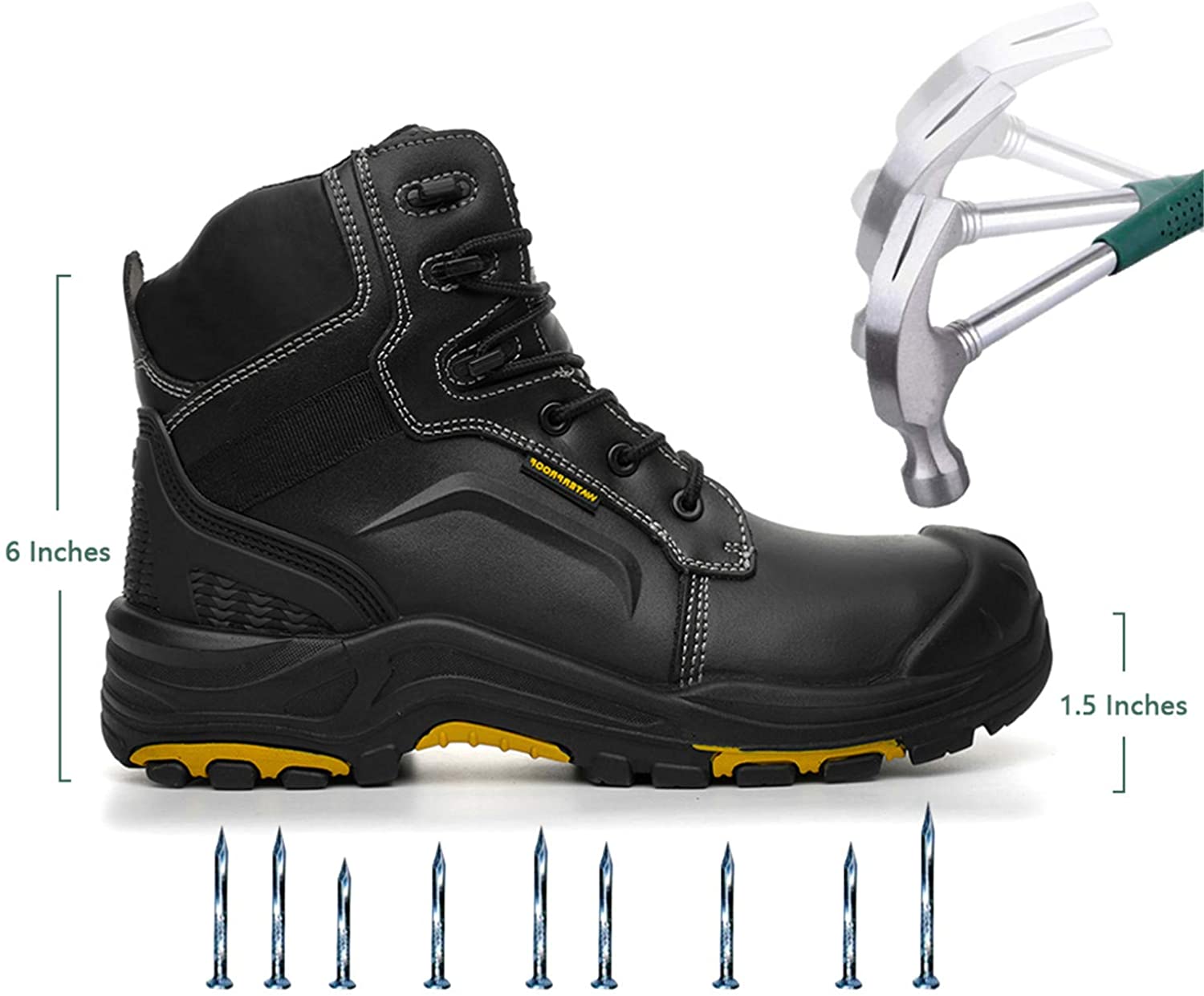 DRKA Men's Steel Toe Work Boots Waterproof Safety Shoes, Black960, Size