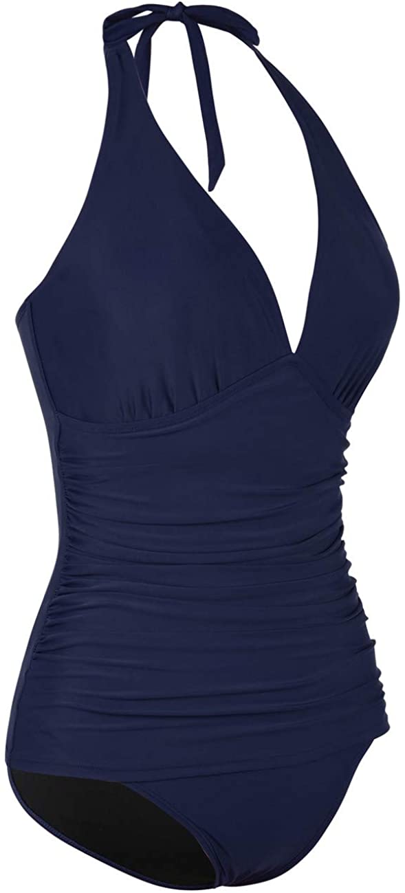 Women's Halter One Piece Swimsuits Shirred Tummy Control, Navy, Size 14