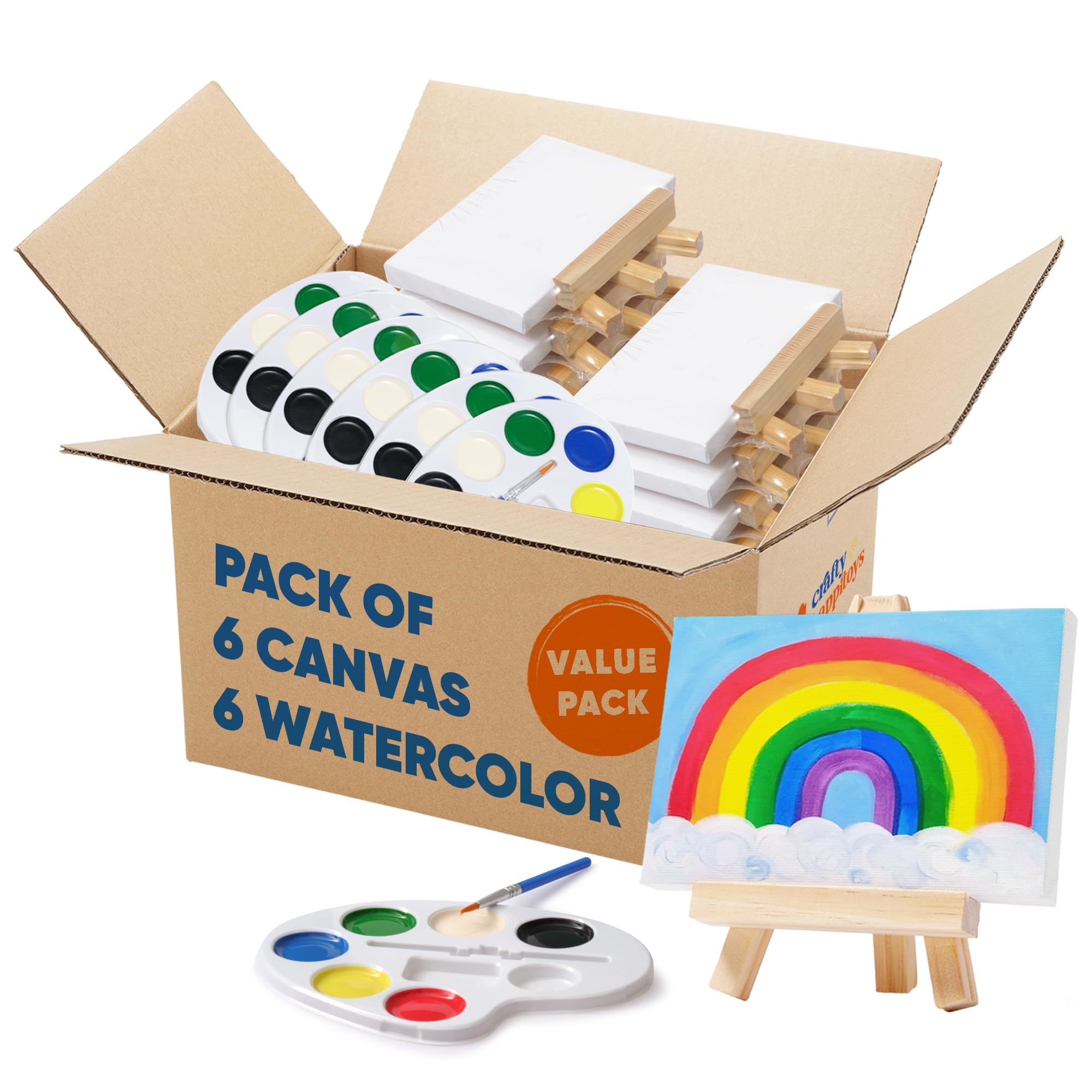 CRAFTY HAPPITOYS Set of 6 Mini Canvases 4x6 & Easel Set with Watercolors Paint - Party Favors for Kids 3 to 5 - Goody Bag Stuffers - Return Gifts for Kids Birthday - Small Canvases for Painting
